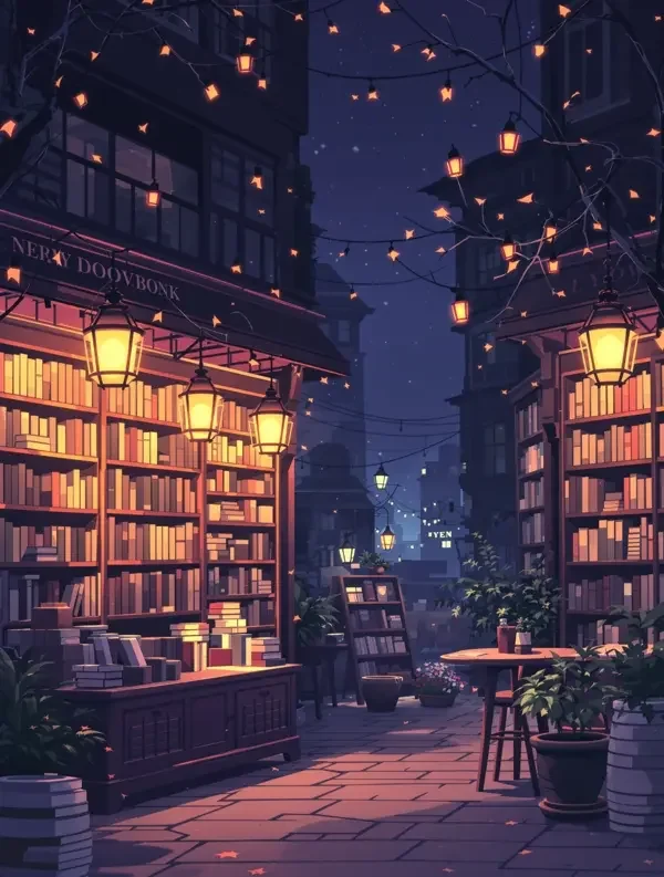 月光下的旧书店动画封面，书店、奇幻、夜晚题材