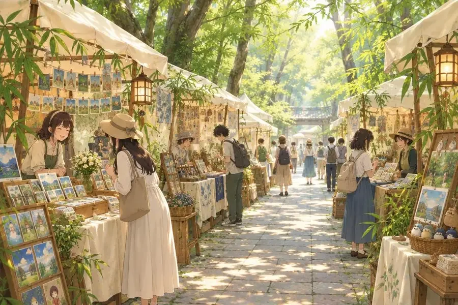 青巷同人市集场景插画，位于杭州市西湖区青巷文创园中庭